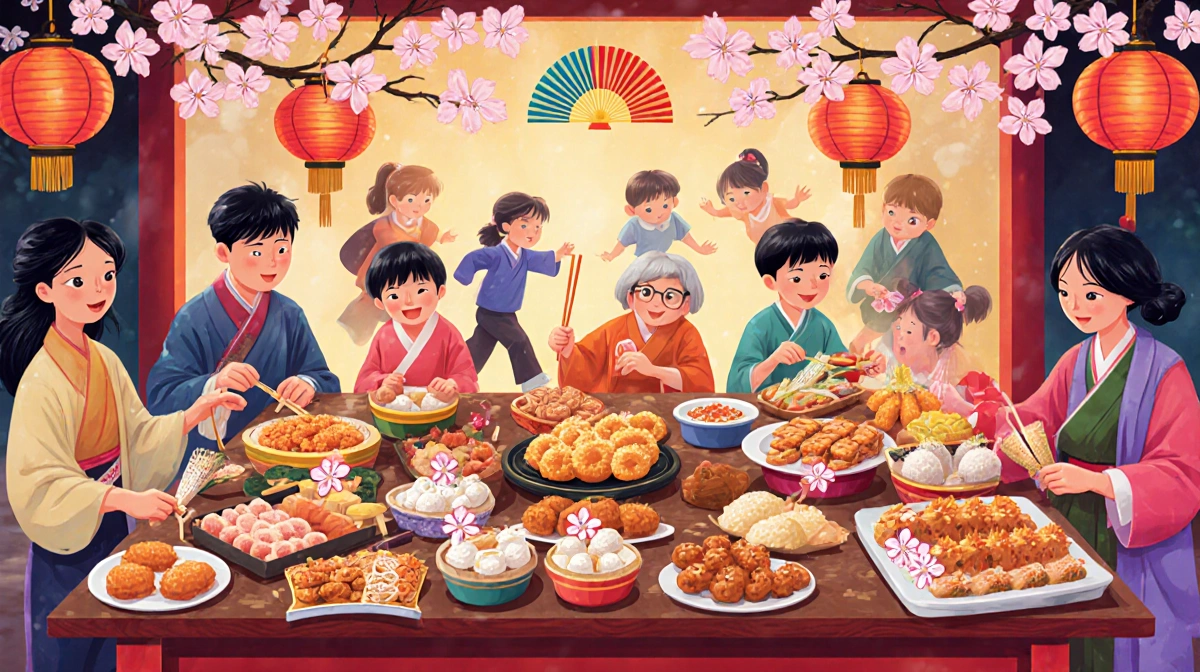 Grandfather eating takoyaki with lanterns and cherry blossoms as children play nearby.