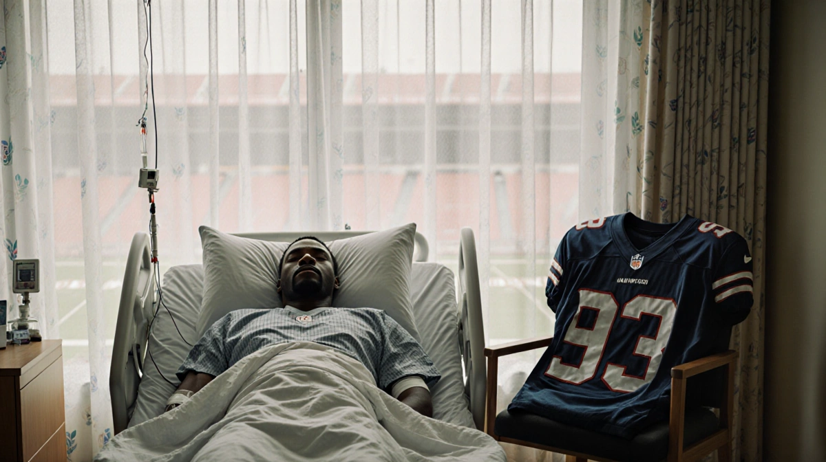 Osi Umenyiora lying still in hospital bed with NFL jersey draped nearby and medical equipment showing