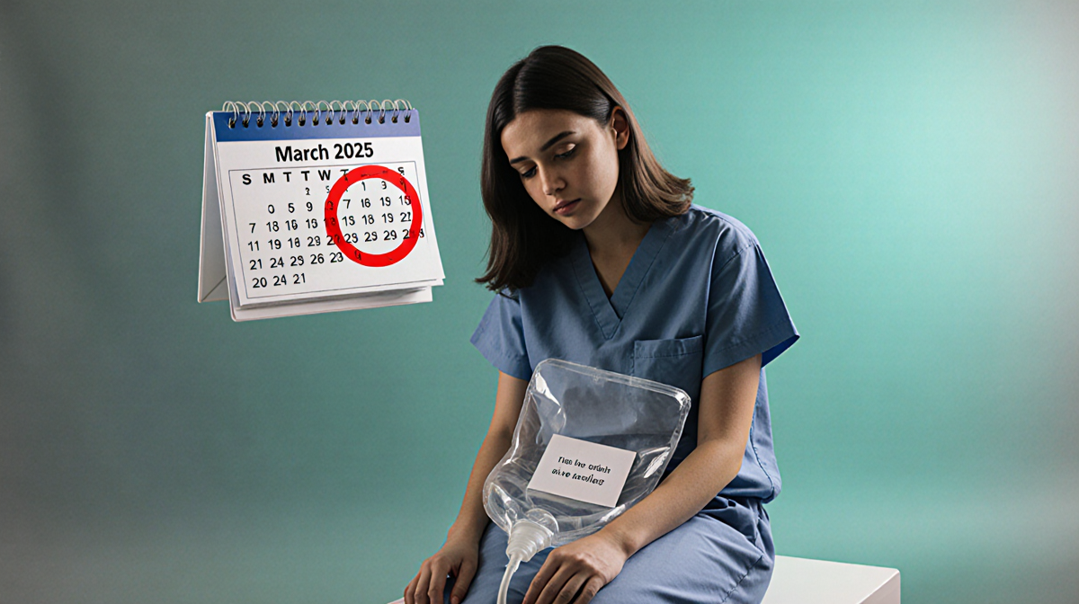 Person sitting in front of calendar with March 2025 circled and ostomy bag with note in lap