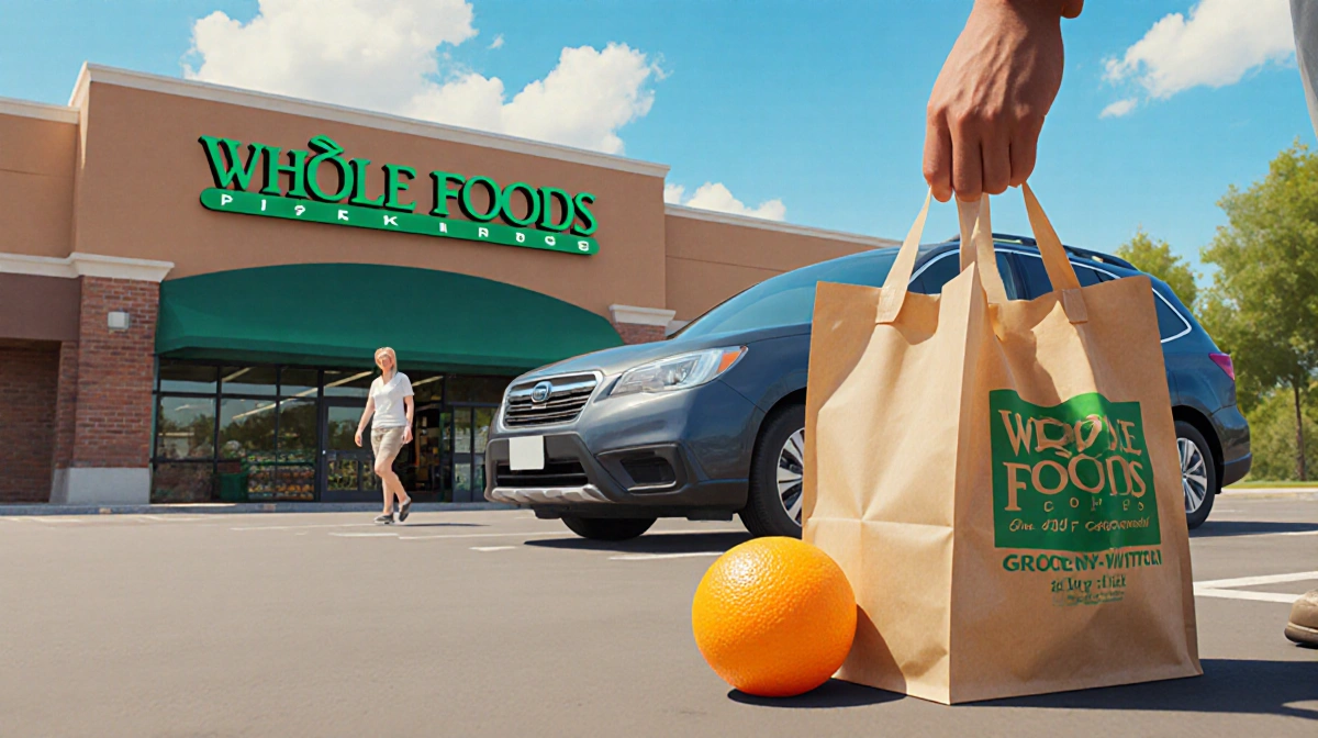 Man reaching for rolling orange with grocery bag and woman visible behind parked car