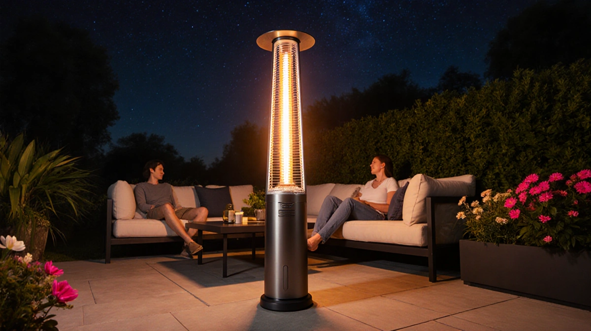 Modern patio heater glowing warmly with guests relaxing on sofa and lush plants surrounding cozy outdoor seating area