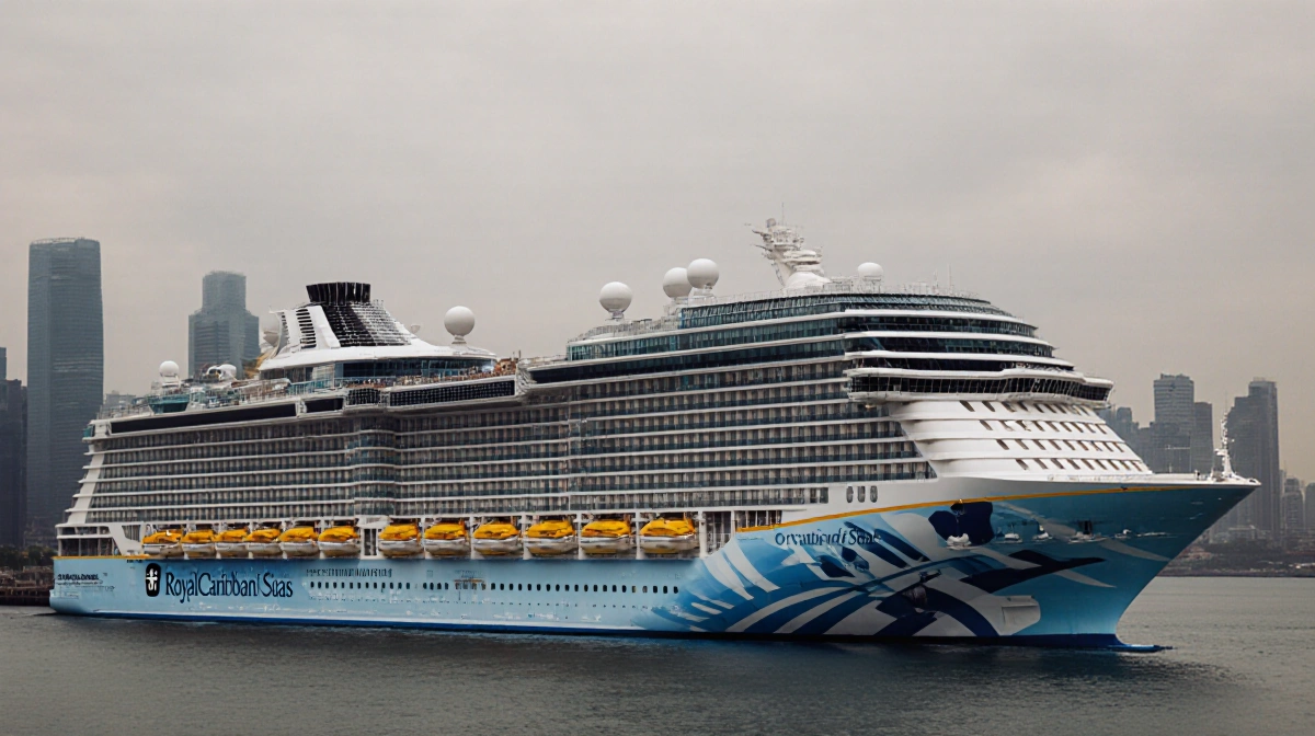 Ovation of the Seas cruise ship docked in Singapore with robotic bartender and modern lighting visible on deck
