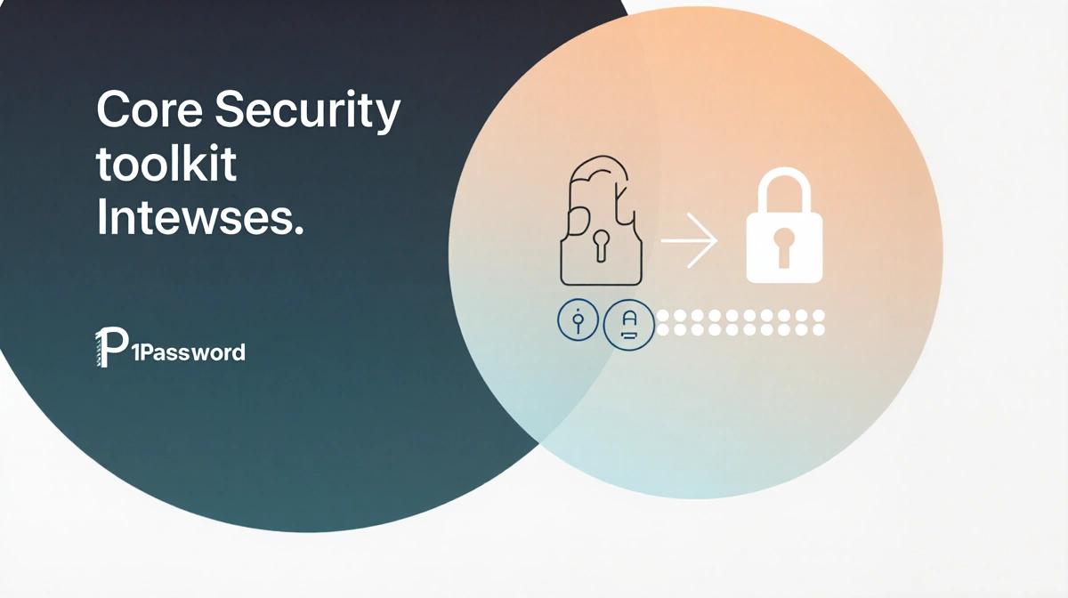 Two overlapping circles show security toolkit and password manager with lock and password icons sharing a gradient effect
