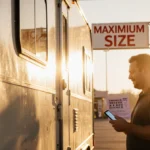 Man stands by oversized trailer at gas station with maximum size sign showing and winning lottery ticket in hand