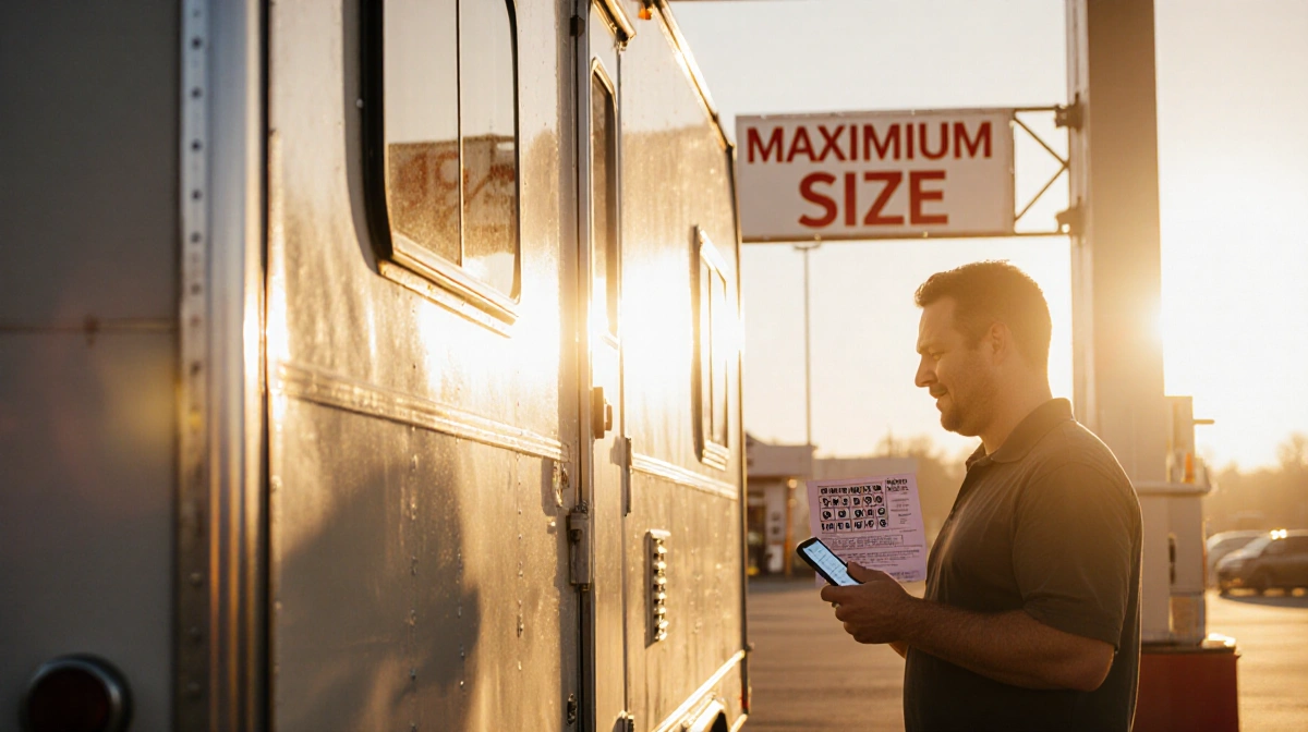 Man stands by oversized trailer at gas station with maximum size sign showing and winning lottery ticket in hand