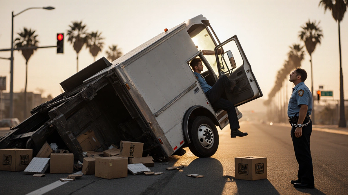Overturned box truck lies on its side with driver