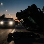 Overturned car lies on dark highway with motionless person and oncoming headlights illuminating the crash scene