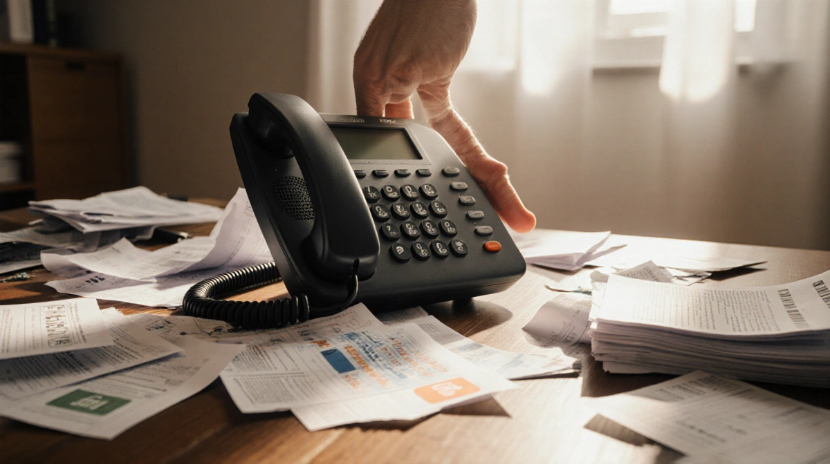 A frazzled hand hesitates to answer the ringing phone on a cluttered desk with unpaid bills and credit card statements spilli