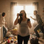Overwhelmed mom-to-be recording nursery chaos with partner rushing in and diaper bag on floor