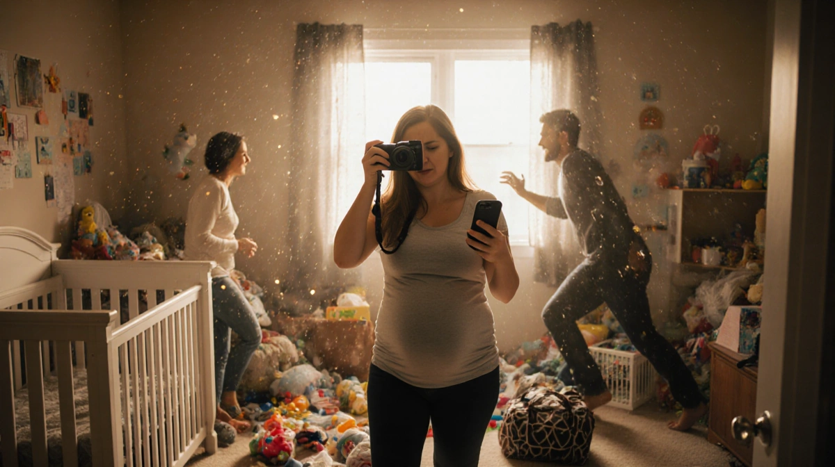 Overwhelmed mom-to-be recording nursery chaos with partner rushing in and diaper bag on floor
