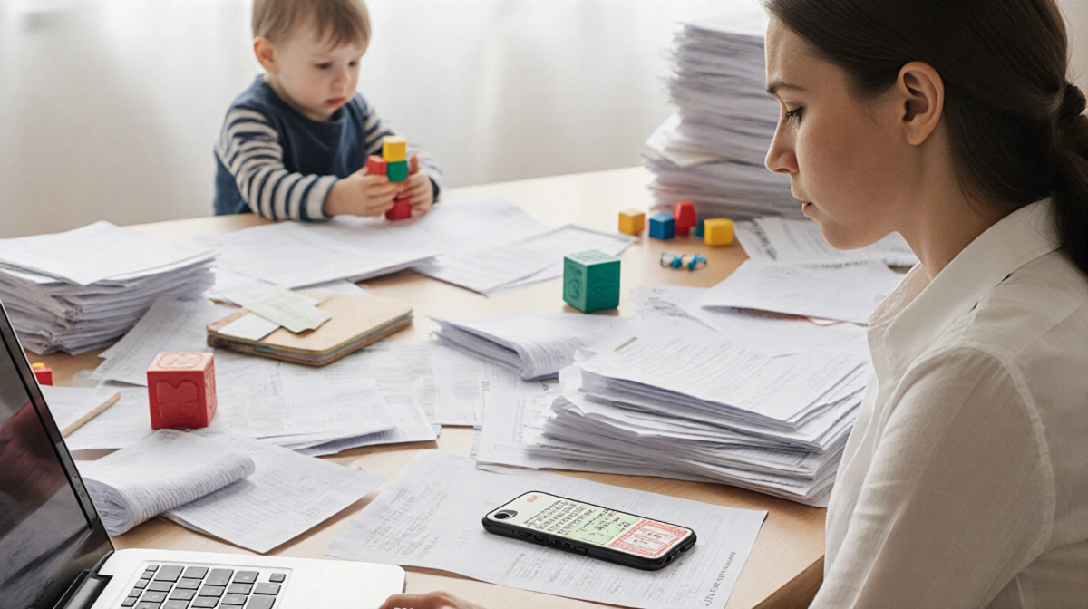 Exhausted woman stares at laptop with unpaid bills and toddler playing blocks nearby