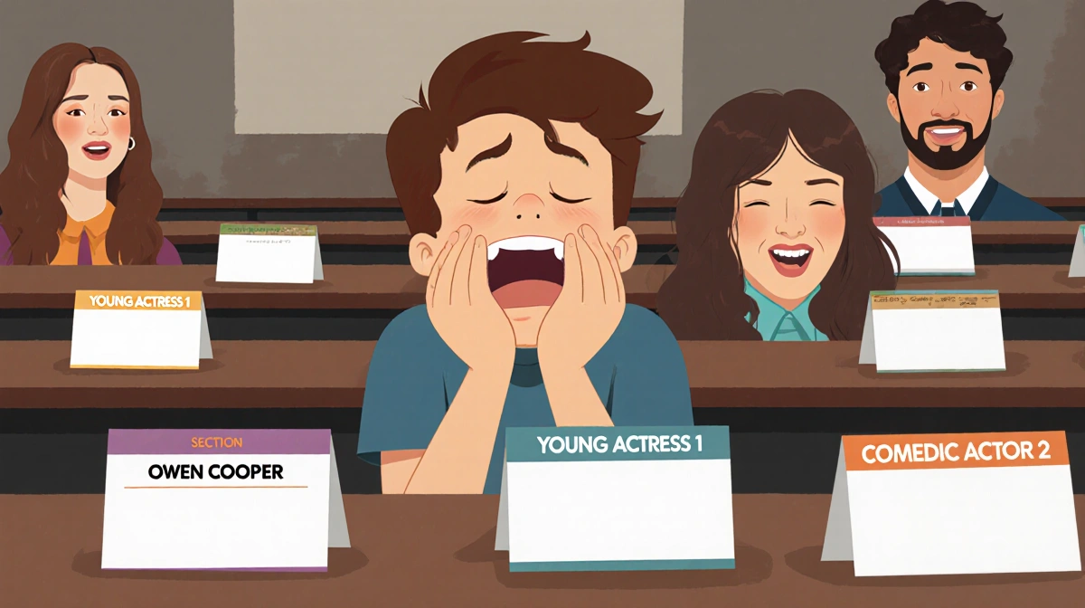 Owen Cooper laughing with hands over mouth while sitting at table with name tags and actors faces blurred behind him