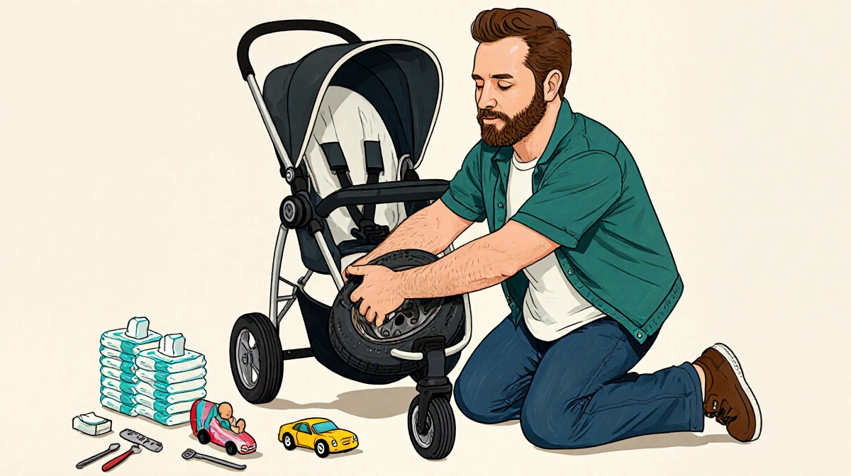 Owen Wilson changing stroller tire with diaper supplies and tools showing confident dad skills