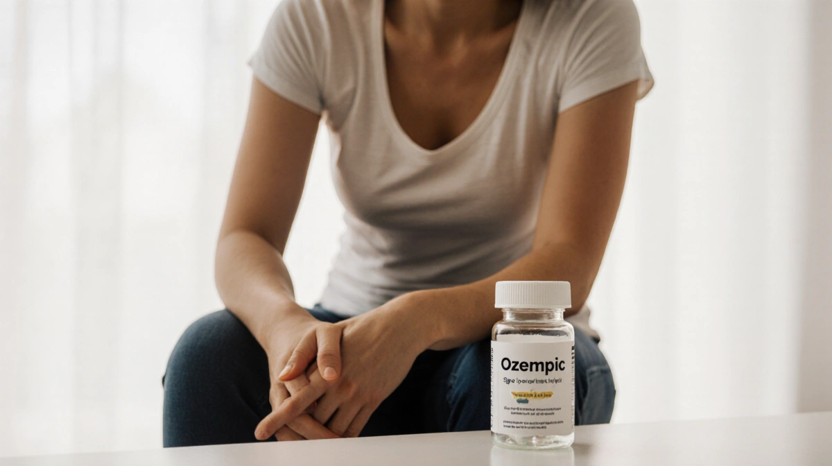 Relaxed person sitting with hands on knees and slimmer waistline showing self-acceptance with Ozempic bottle nearby