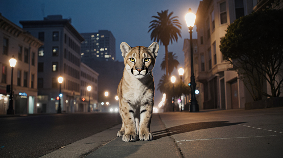 Young mountain lion standing on Pacific Heights sidewalk with warm streetlights illuminating fur and misty city backdrop