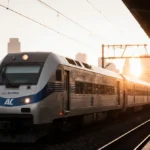 Pacific Surfliner train departing Los Angeles Union Station with sunrise glowing over city skyline and passengers visible thr