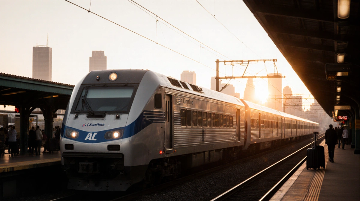 Pacific Surfliner train departing Los Angeles Union Station with sunrise glowing over city skyline and passengers visible thr