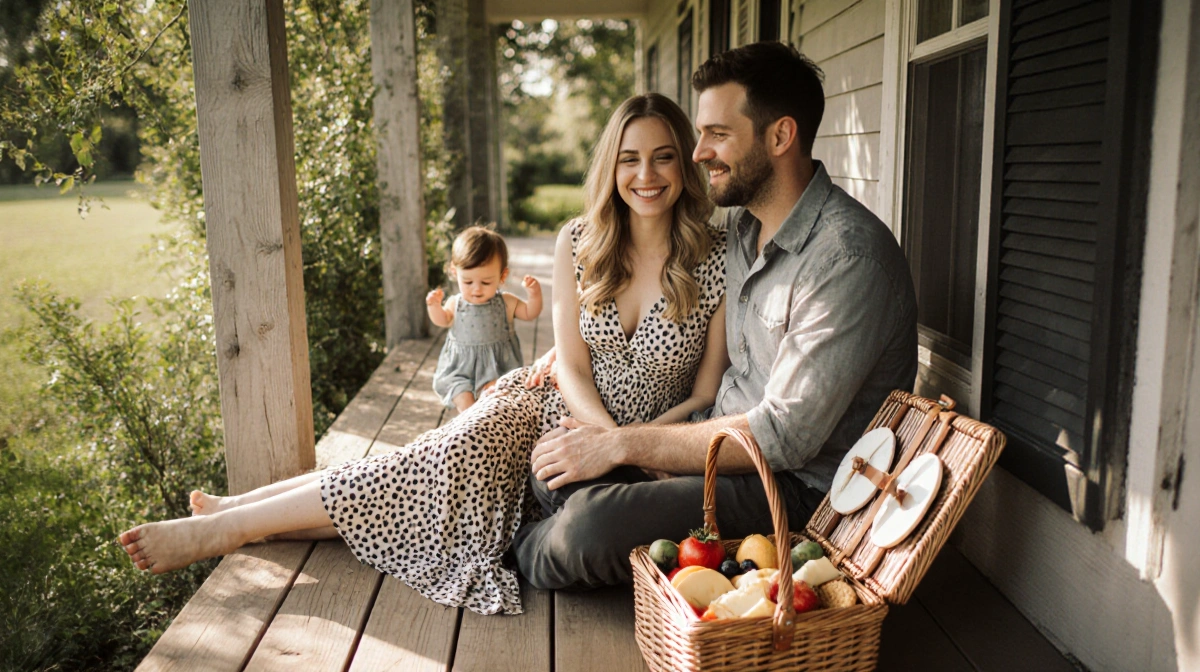 Paige Lorenze and Tommy Paul relaxing on porch with child playing near wicker picnic basket filled with fresh fruits