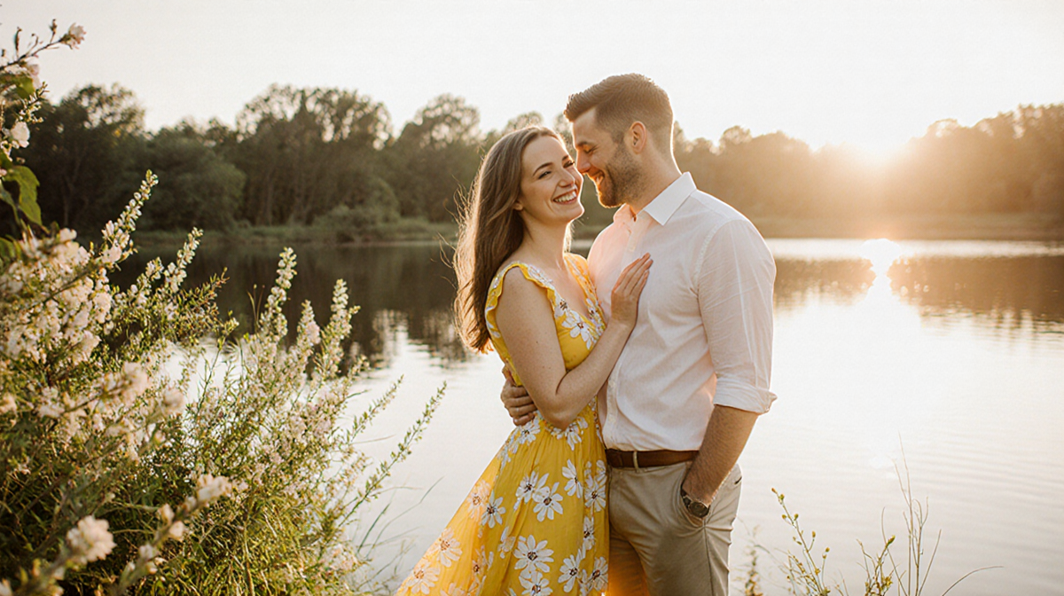 Paige Lorenze smiles with fiancé Tommy Paul at a lake sunset with golden light and blooming flowers showing love.