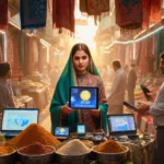 Young Pakistani woman checks tablet with stablecoin app near spice stalls and electronics in bustling market