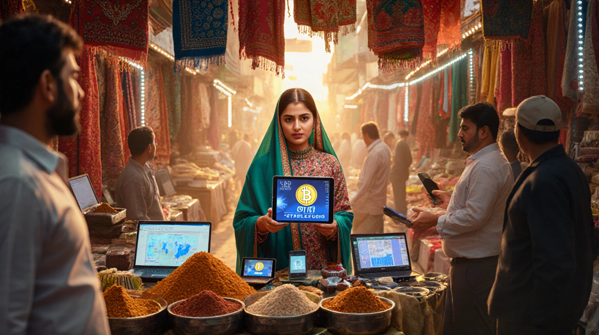 Young Pakistani woman checks tablet with stablecoin app near spice stalls and electronics in bustling market