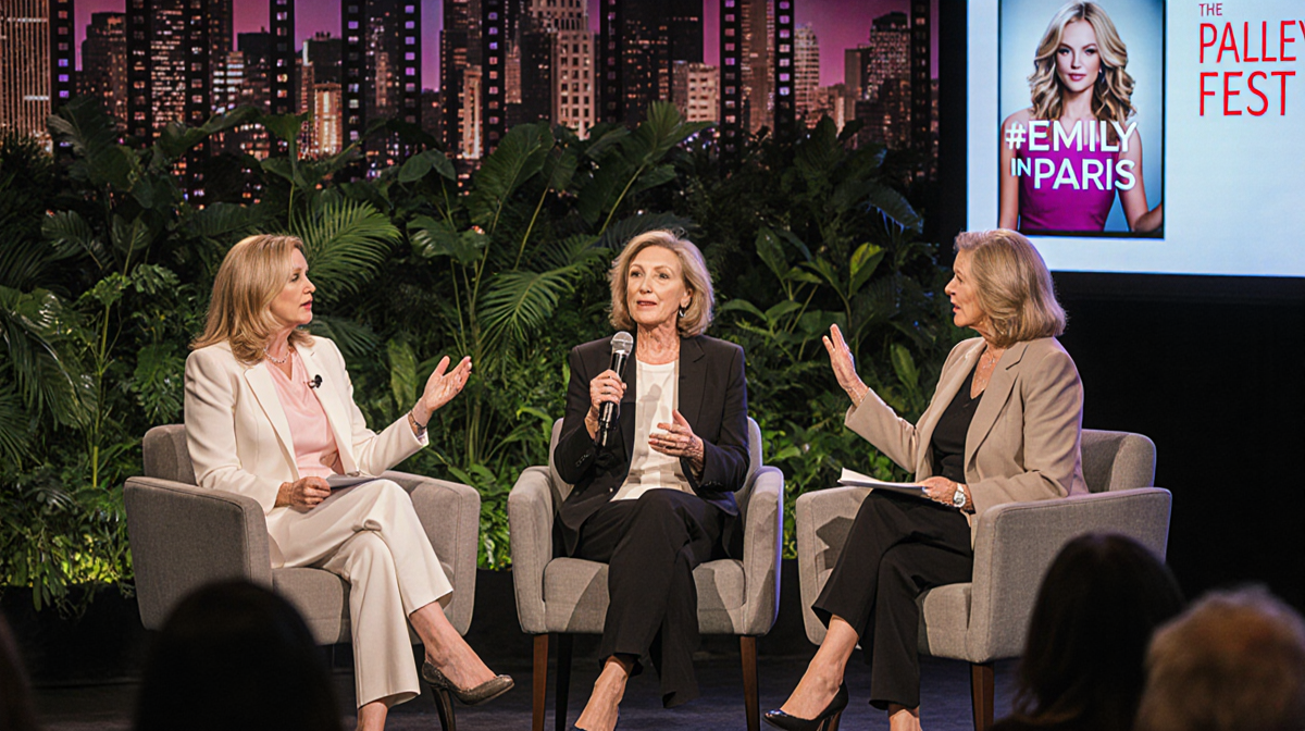 Three women discuss The Pitt at a PaleyFest panel with lush greenery, one holding a script and another tweaking a nearby scre