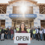 Student proudly holding an Open sign with sunlight filtering through classrooms and lockers