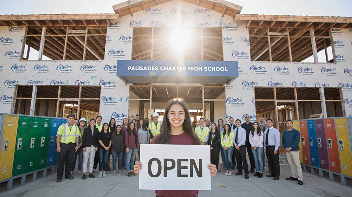 Student proudly holding an Open sign with sunlight filtering through classrooms and lockers