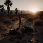 Person lies motionless on Palm Springs hiking trail with bloodstained clothing and abandoned backpack near sunset