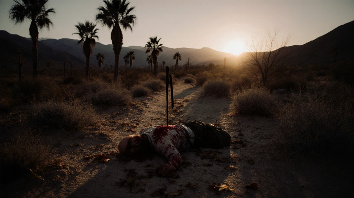 Person lies motionless on Palm Springs hiking trail with bloodstained clothing and abandoned backpack near sunset