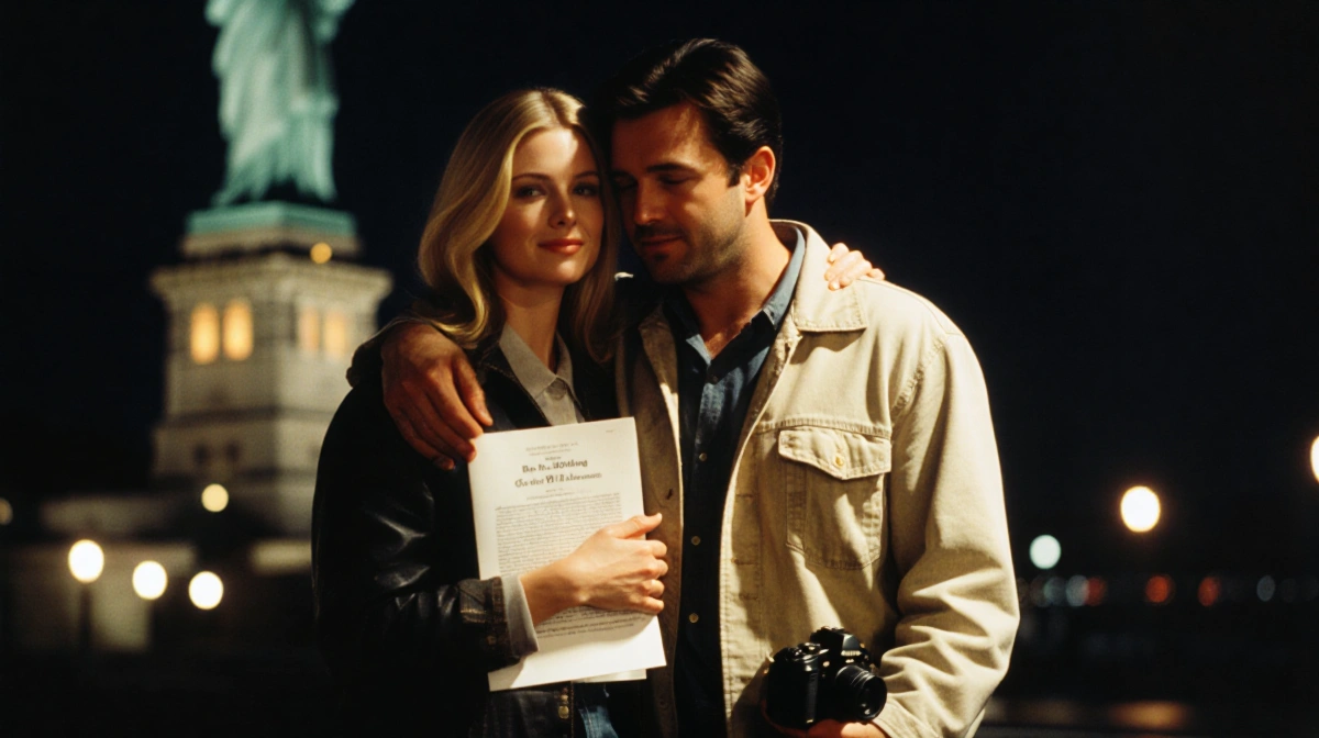 Gwyneth Paltrow and Ben Affleck romantic embrace with script and camera standing in front of Boston Freedom Trail.