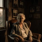 Pam Stepnick mother of celebrities sits in a worn leather armchair with golden light and a cityscape through the window