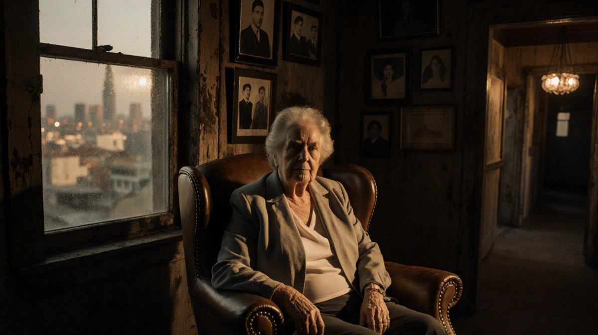 Pam Stepnick mother of celebrities sits in a worn leather armchair with golden light and a cityscape through the window
