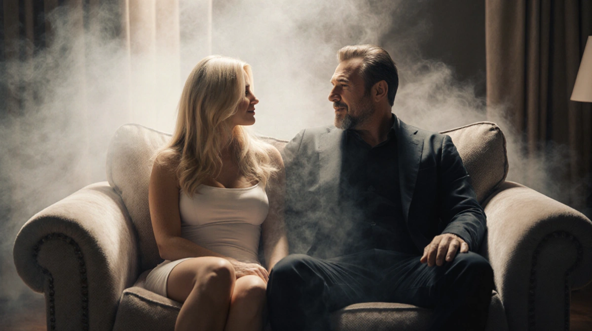 Pamela Anderson and Liam Neeson talking on couch with soft lighting and relaxed poses showing celebrity friendship