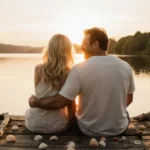 Pamela Anderson and Liam Neeson relaxing together on a wooden dock at sunset with a serene lake and lush greenery behind them