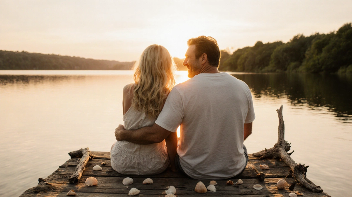 Pamela Anderson and Liam Neeson relaxing together on a wooden dock at sunset with a serene lake and lush greenery behind them