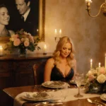 Pamela Anderson sits in thought at a candlelit table with a vintage photo of her and Tommy Lee on the wall behind