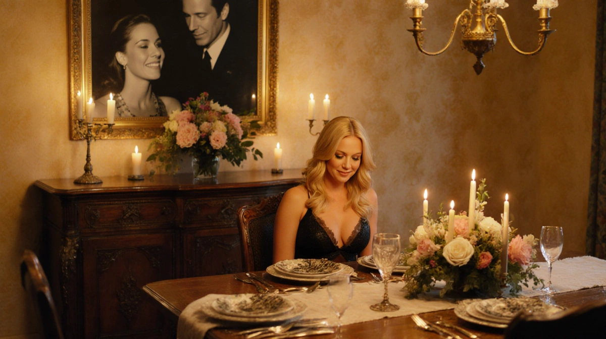 Pamela Anderson sits in thought at a candlelit table with a vintage photo of her and Tommy Lee on the wall behind