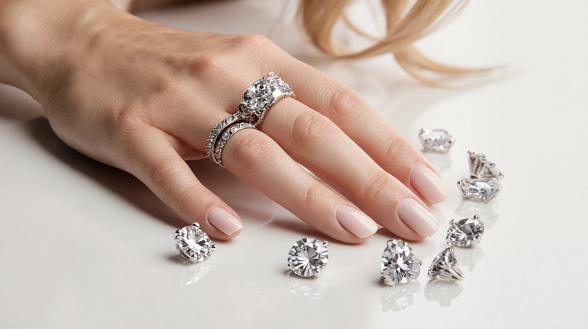 Pamela Anderson's hand modeling Pandora diamond jewelry with sparkling stones arranged in elegant patterns on white surface