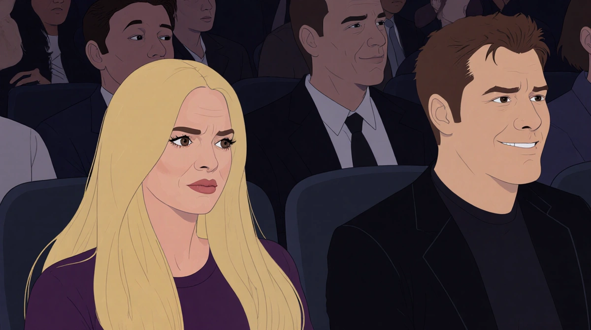 Pamela Anderson sitting uneasily in crowded room with gaze locked on Seth Rogen showing subtle smirk