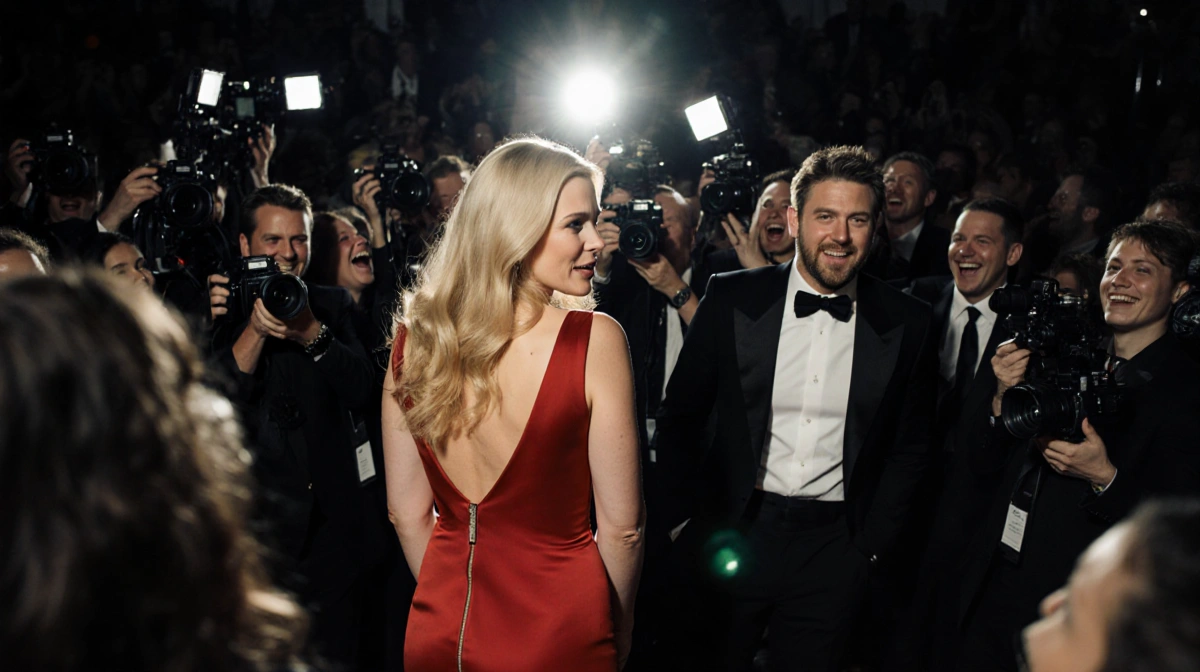 Pamela Anderson stands alone in red gown with Seth Rogen laughing behind her and paparazzi cameras flashing