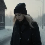 Pamela Anderson walking alone on snowy street with Nordic buildings in misty dusk light