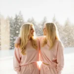 Pamela Anderson and Gwyneth Paltrow sharing a warm moment in winter with pastel pink tracksuits and soft snowfall