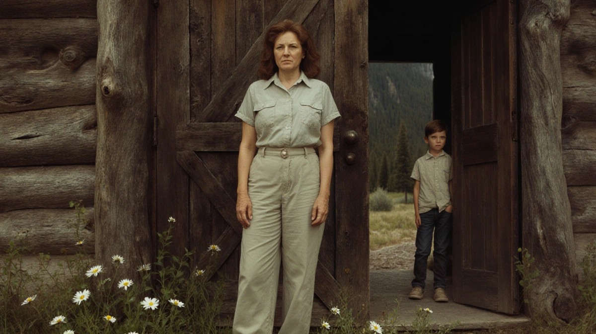 Pamela Sue Martin stands before a rustic wooden door with her son Nicolas peeking through and wildflowers at her feet