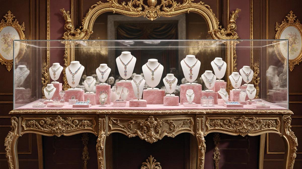 Luxury jewelry case displays Pandora Bridgerton collection with velvet pedestals and ornate frames under warm light