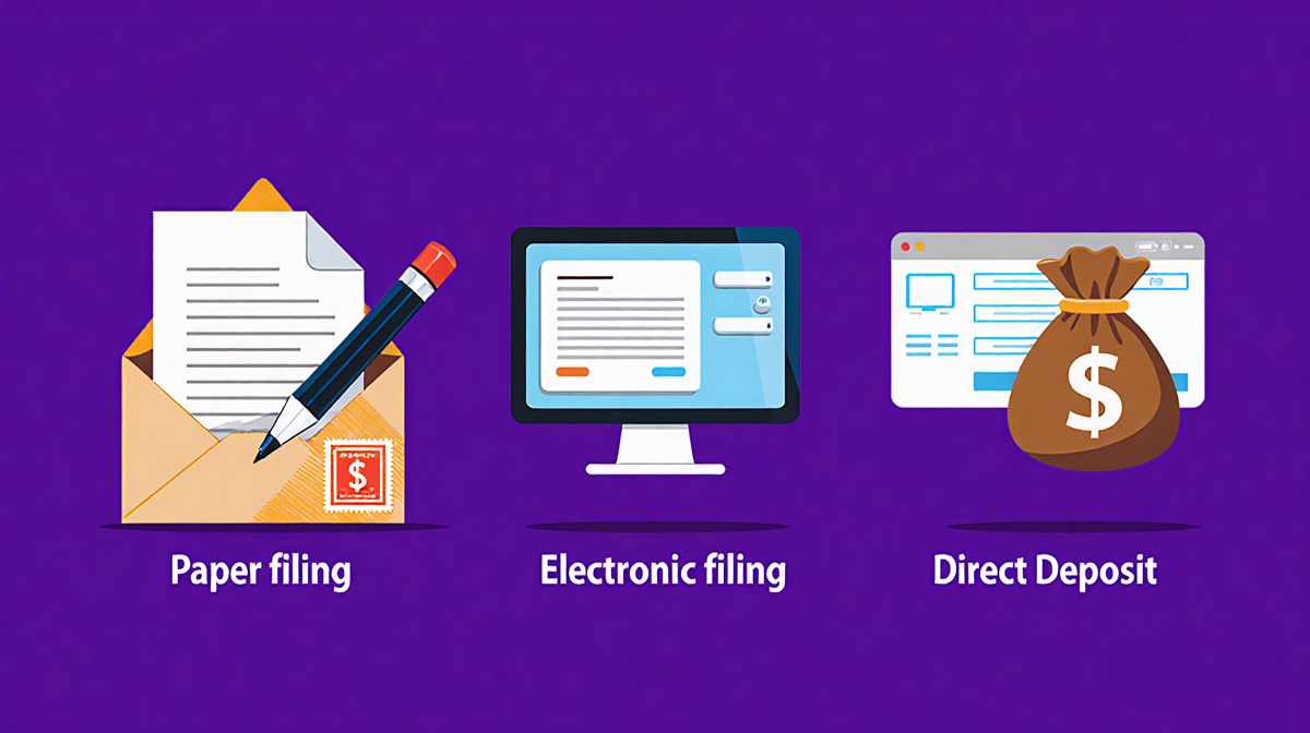 Three icons line up with paper filing envelope and computer and money bag symbol