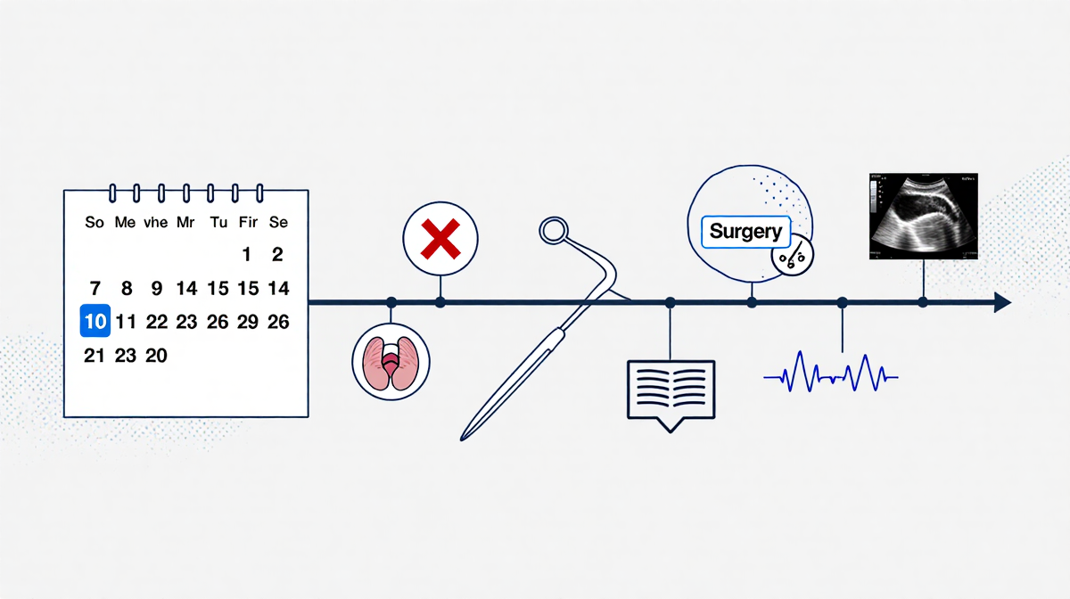Calendar timeline displaying thyroid cancer milestones with medical icons and illustrations