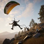 Paraglider spiraling toward ground with torn canopy and flailing arms during golden hour crash landing