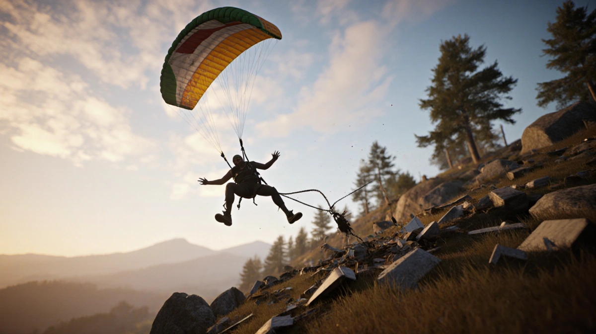 Paraglider spiraling toward ground with torn canopy and flailing arms during golden hour crash landing