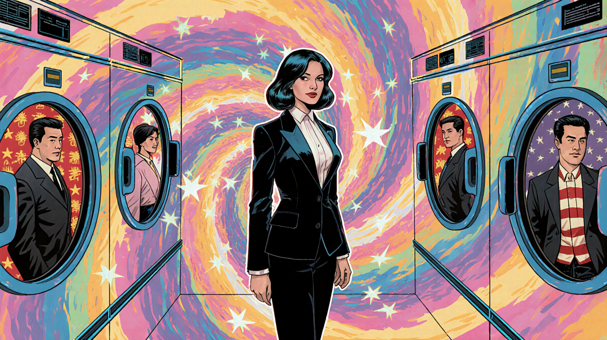 Deirdre Beaubeirdre standing in laundromat vortex with mirrored multiverse reflections